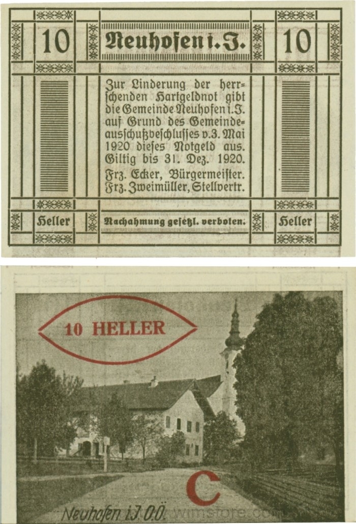 vn100390 Neuhofen im Innkreis, S0652IIIg58, 10 Heller, bei Heller ll mit Abstand, Schein Nr. 58, Aufdruck C in rot; 1