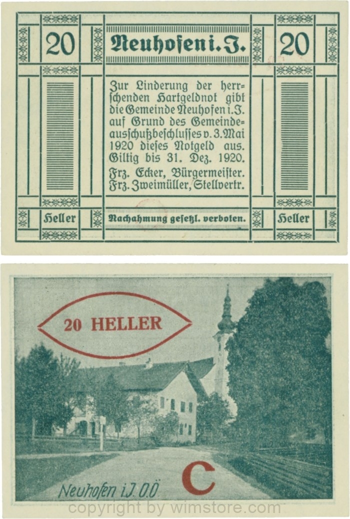 vn100392 Neuhofen im Innkreis, S0652IIIg56, 20 Heller, bei Heller ll engstehend, Schein Nr. 56, Aufdruck C in rot; 1-