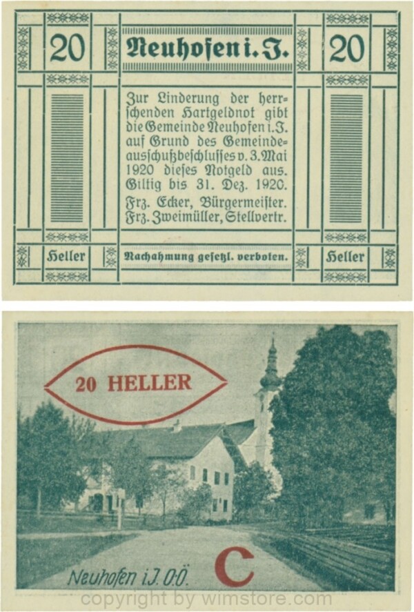 Neuhofen im Innkreis, S0652IIIg62, 20 Heller, bei Heller ll mit Abstand, links l ohne, rehts mit Abstrich, Schein Nr. 62, Aufdruck C in rot; 1-