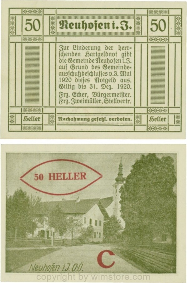 Neuhofen im Innkreis, S0652IIIg60, 50 Heller, bei Heller ll mit Abstand, Schein Nr. 60, Aufdruck C in rot; 1-