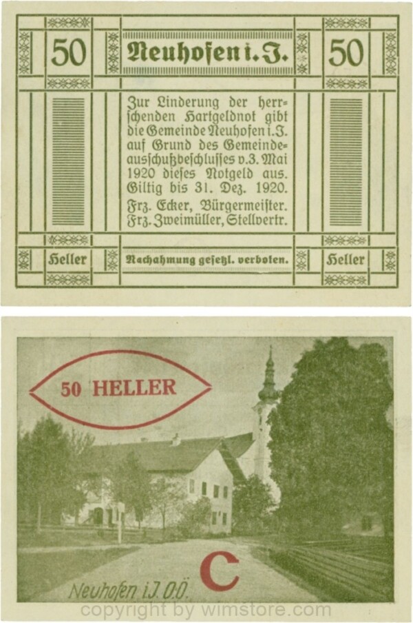 Neuhofen im Innkreis, S0652IIIg60, 50 Heller, bei Heller ll mit Abstand, Schein Nr. 60, Aufdruck C in rot; 1-