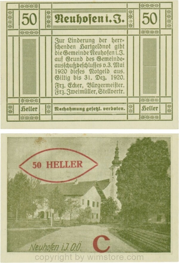 Neuhofen im Innkreis, S0652IIIg60, 50 Heller, bei Heller ll mit Abstand, Schein Nr. 60, Aufdruck C in rot; 1-