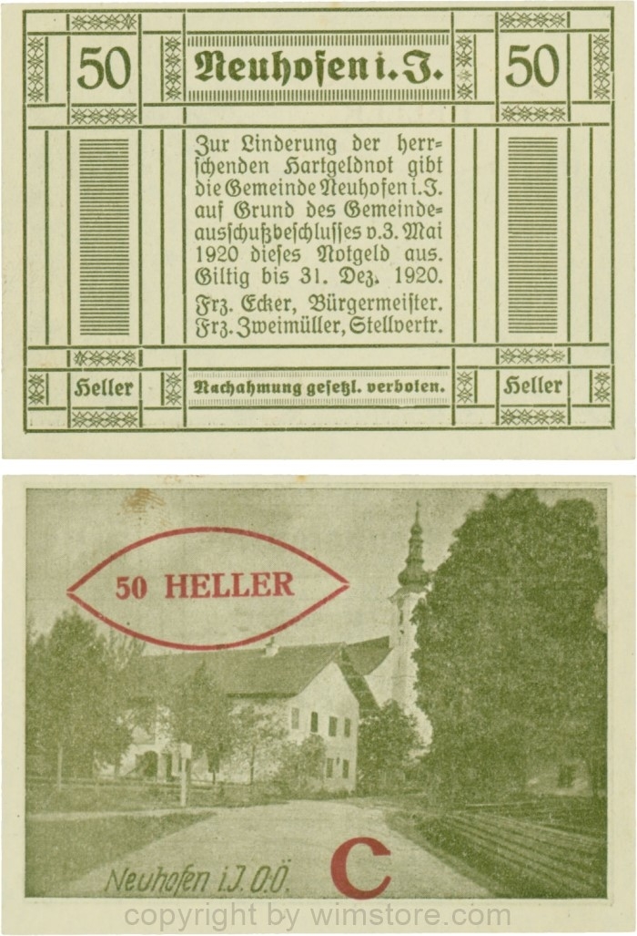 vn100398 Neuhofen im Innkreis, S0652IIIg60, 50 Heller, bei Heller ll mit Abstand, Schein Nr. 60, Aufdruck C in rot; 1-