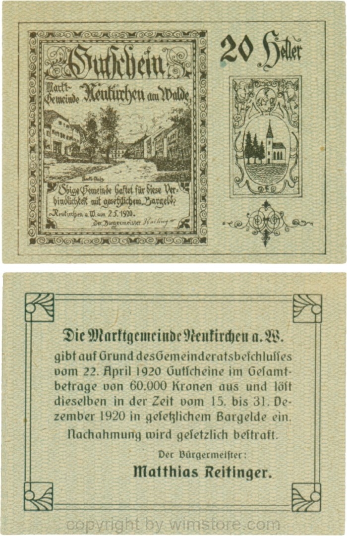Neukirchen am Walde, G0655Ia11, 20 Heller, Schein 11; 1-