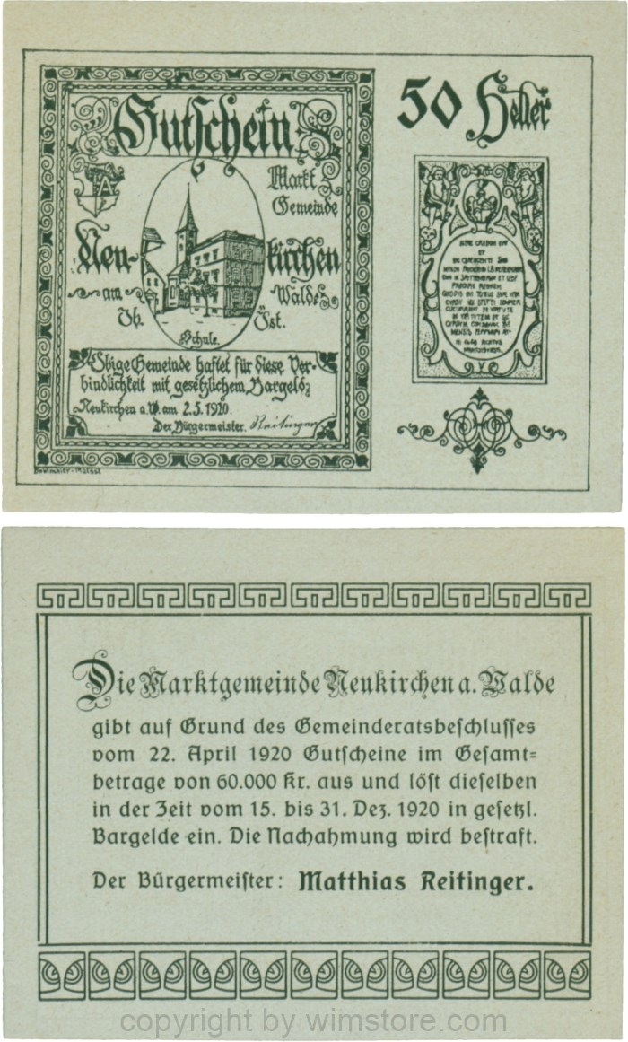 Neukirchen am Walde, G0655Ia15, 50 Heller, Schein 15; 1-