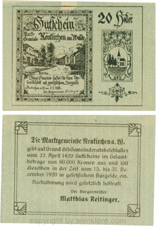 Neukirchen am Walde, G0655Ib11, 20 Heller, Plattenfehler, Schein 11; 1-