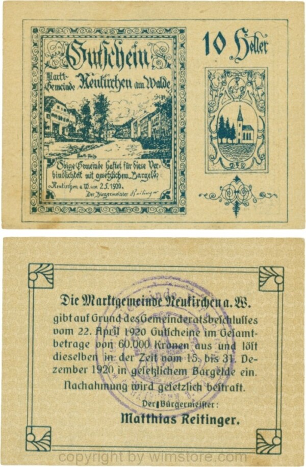Neukirchen am Walde, G0655Id10, 10 Heller, Gemeindestempel, Schein 10; 1-2