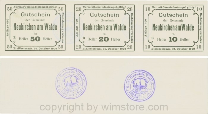 Neukirchen am Walde, S0655IIIc, Streifen 10, 20 und 50 Heller, Auflage: 400 Stück; 2, zwischen 10 und 20 Heller geknickt
