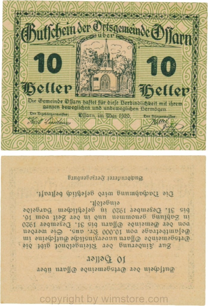 Ossarn, G0712b24, 10 Heller, Eckkreis links oben ist senkrecht, Rückseite kopfstehend, nicht im Katalog, Schein 24; 1