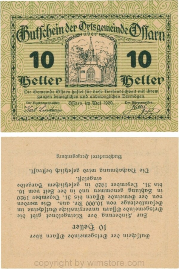 Ossarn, G0712b44, 10 Heller, Eckkreis links unten ist senkrecht, Rückseite kopfstehend, nicht im Katalog, Schein 44; 1-