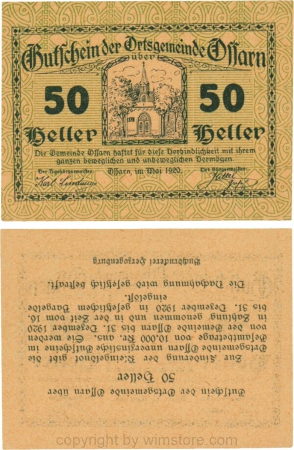 Ossarn, G0712b46, 50 Heller, Eckkreis links unten ist senkrecht, Rückseite kopfstehend, Schein 46; 1