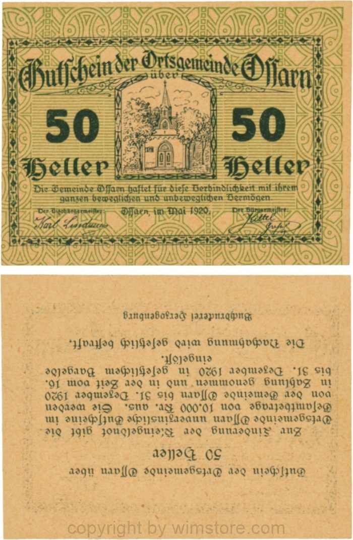 Ossarn, G0712b46, 50 Heller, Eckkreis links unten ist senkrecht, Rückseite kopfstehend, Schein 46; 1