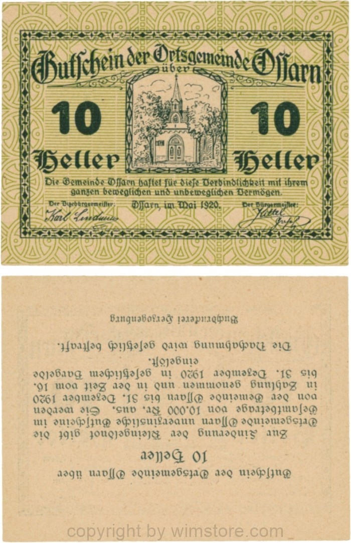 Ossarn, G0712b64, 10 Heller, beide linken Eckkreise sind senkrecht, Rückseite kopfstehend, Schein 64; 1