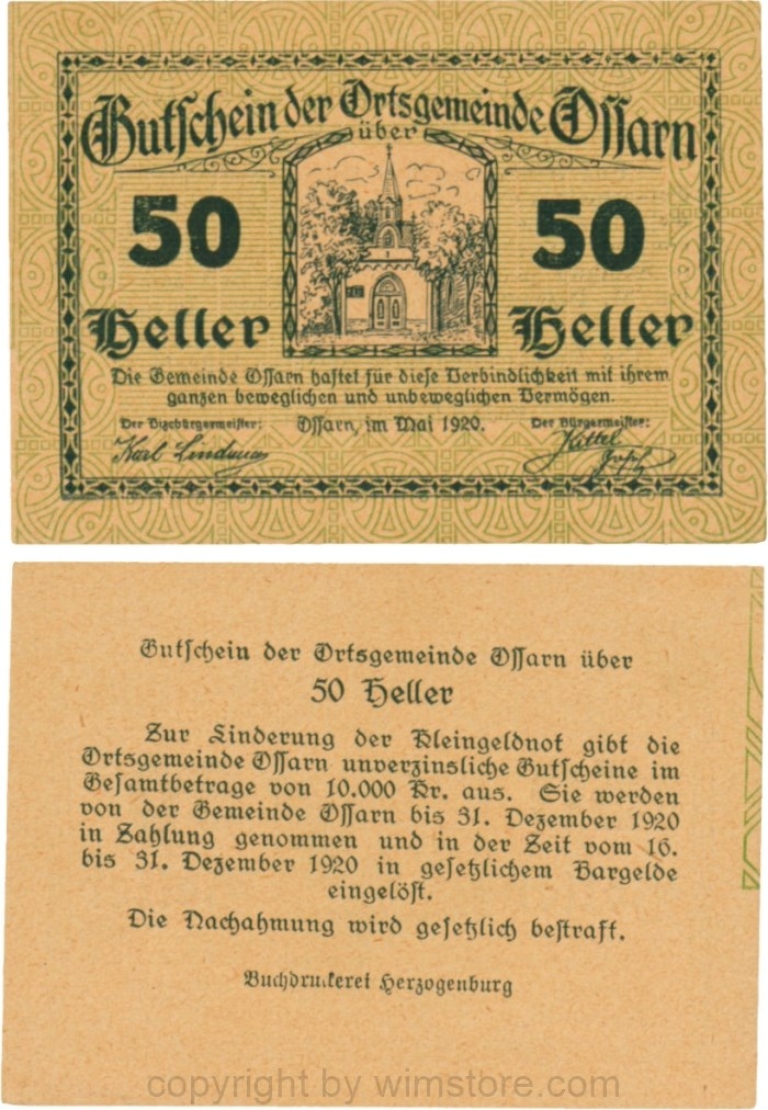 Ossarn, G0712c08, 50 Heller, alle Eckkreise sind schräg, beide Wertzahlen sind kantig, Schein 08; 1