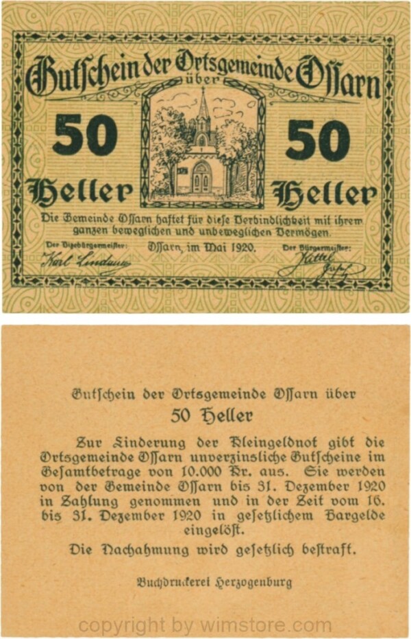 Ossarn, G0712c08, 50 Heller, alle Eckkreise sind schräg, beide Wertzahlen sind kantig, Schein 08; 1-