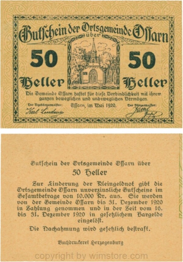 Ossarn, G0712c08, 50 Heller, alle Eckkreise sind schräg, beide Wertzahlen sind kantig, Schein 08; 1-