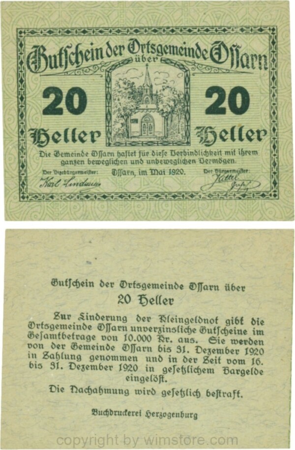 Ossarn, G0712c27, 20 Heller, Eckkreis links oben ist senkrecht, beide Wertzahlen sind kantig, Schein 27; 1