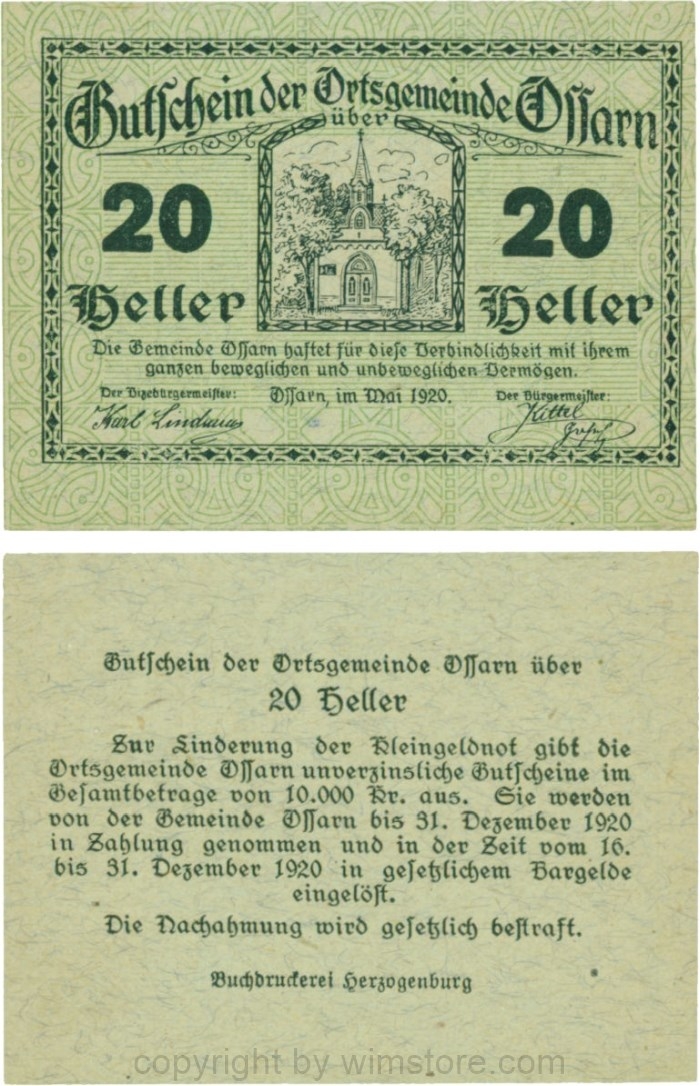 Ossarn, G0712c27, 20 Heller, Eckkreis links oben ist senkrecht, beide Wertzahlen sind kantig, Schein 27; 1
