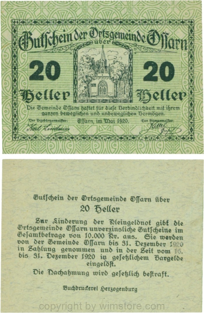Ossarn, G0712c27, 20 Heller, Eckkreis links oben ist senkrecht, beide Wertzahlen sind kantig, Schein 27; 1-