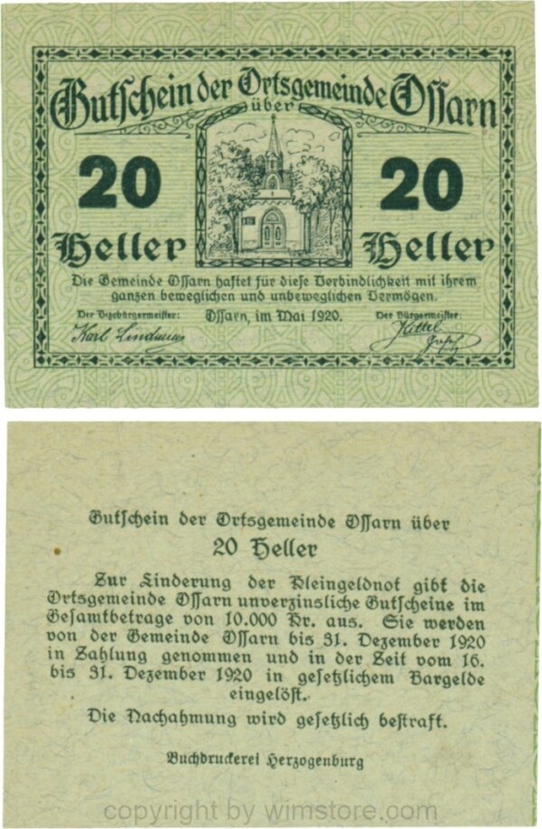 Ossarn, G0712c27, 20 Heller, Eckkreis links oben ist senkrecht, beide Wertzahlen sind kantig, Schein 27; 1-