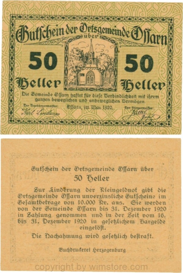 Ossarn, G0712c28, 50 Heller, Eckkreis links oben ist senkrecht, beide Wertzahlen sind kantig, Schein 28; 1