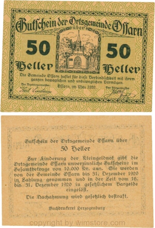 Ossarn, G0712c28, 50 Heller, Eckkreis links oben ist senkrecht, beide Wertzahlen sind kantig, Schein 28; 1