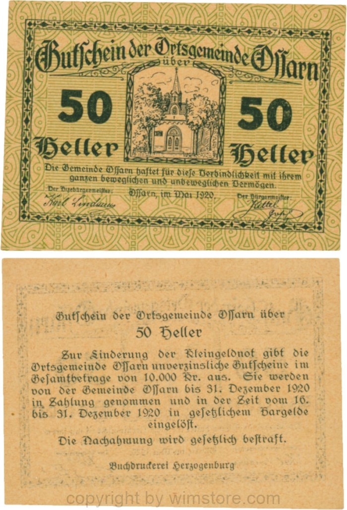 Ossarn, G0712c28, 50 Heller, Eckkreis links oben ist senkrecht, beide Wertzahlen sind kantig, Schein 28; 1