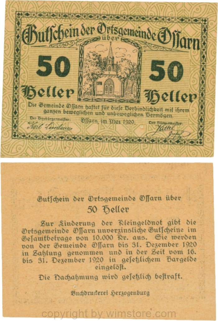Ossarn, G0712c28, 50 Heller, Eckkreis links oben ist senkrecht, beide Wertzahlen sind kantig, Schein 28; 1