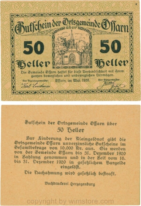 Ossarn, G0712c48, 50 Heller, Eckkreis links unten ist senkrecht, beide Wertzahlen sind kantig, Schein 48; 1-