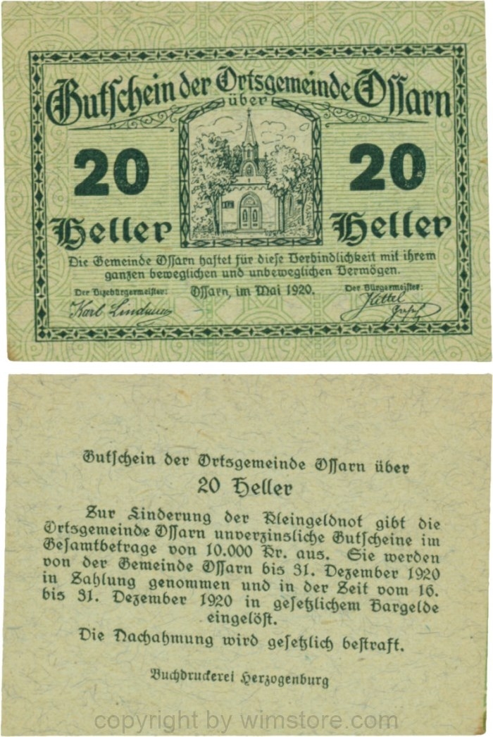 Ossarn, G0712c67, 20 Heller, beide linken Eckkreise sind senkrecht, beide Wertzahlen sind kantig, Schein 67; 1-