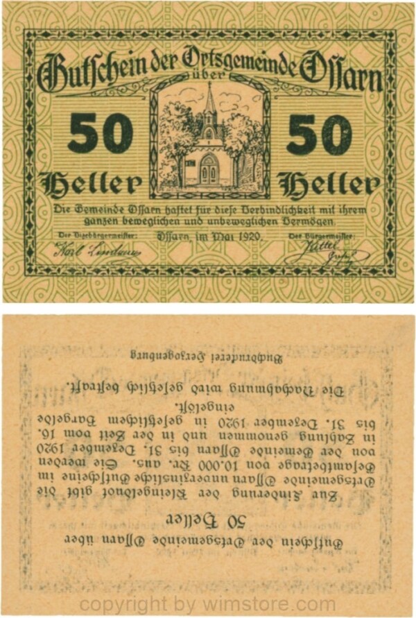 Ossarn, G0712cz, 50 Heller, Eckkreis links oben ist senkrecht, beide Wertzahlen sind kantig, Rückseite kopfstehend, Variante nicht im Katalog; 1-