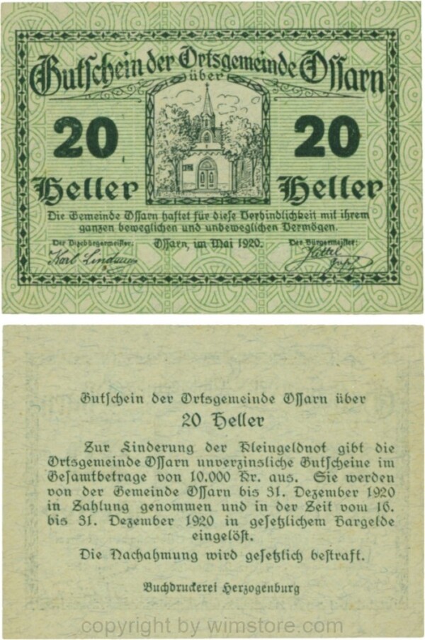 Ossarn, G0712d69, 20 Heller, beide linken Eckkreise sind senkrecht, linke Wertzahl ist abgerundet, rechte Wertzahl ist kantig, Schein 69; 1