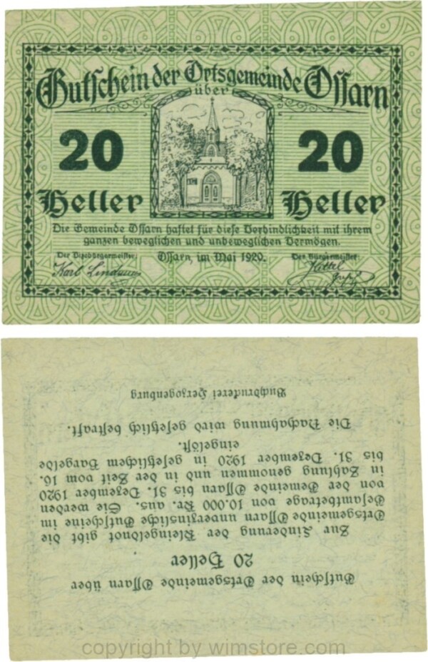 vn100802 Ossarn, G0712dz, 20 Heller, beide linken Eckkreise sind senkrecht, linke Wertzahl ist abgerundet, rechte Wertzahl ist kantig, Rückseite ist kopfstehend, Variante nicht im Katalog; 1
