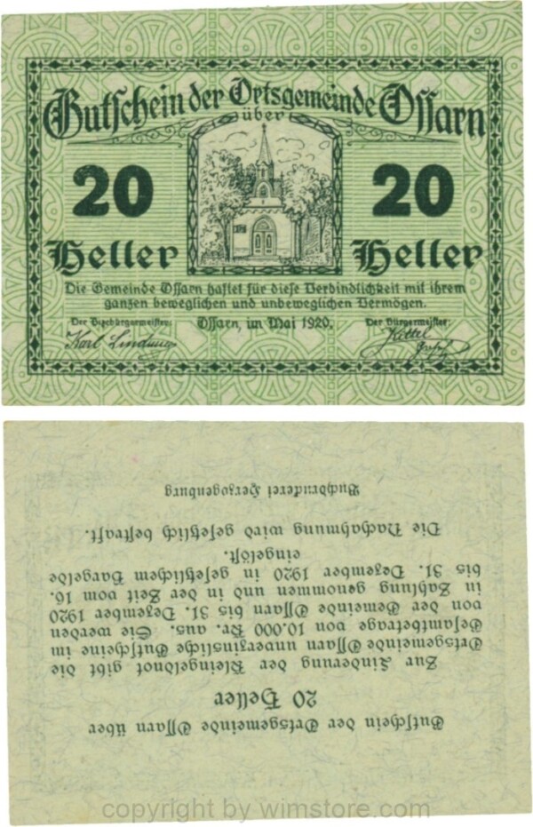 Ossarn, G0712dz, 20 Heller, beide linken Eckkreise sind senkrecht, linke Wertzahl ist abgerundet, rechte Wertzahl ist kantig, Rückseite ist kopfstehend, Variante nicht im Katalog; 1