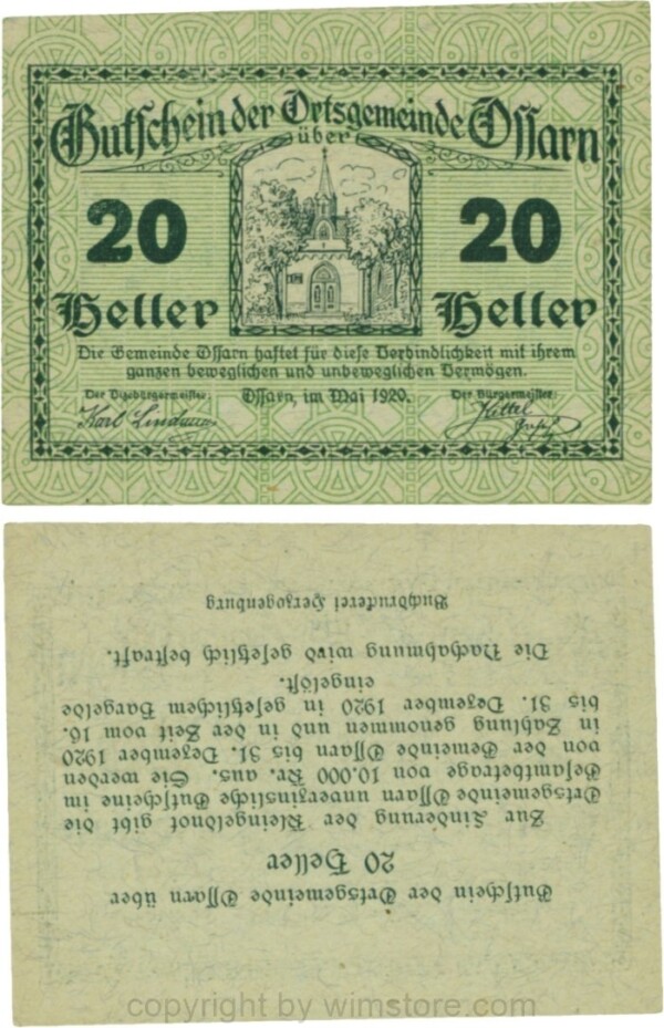 Ossarn, G0712dz, 20 Heller, beide linken Eckkreise sind senkrecht, linke Wertzahl ist abgerundet, rechte Wertzahl ist kantig, Rückseite ist kopfstehend, Variante nicht im Katalog; 1-