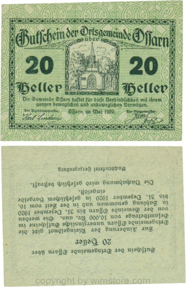 vn100806 Ossarn, G0712dz, 20 Heller, beide linken Eckkreise sind senkrecht, linke Wertzahl ist abgerundet, rechte Wertzahl ist kantig, Rückseite ist kopfstehend, Variante nicht im Katalog; 1-