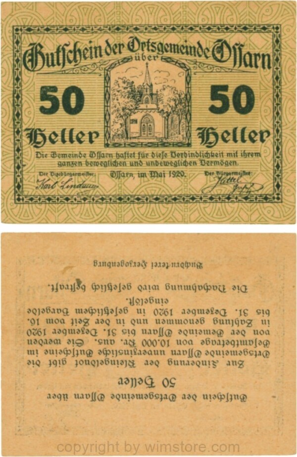 vn100809 Ossarn, G0712dz, 50 Heller, beide linken Eckkreise sind senkrecht, linke Wertzahl ist abgerundet, rechte Wertzahl ist kantig, Rückseite ist kopfstehend, Variante nicht im Katalog; 1-