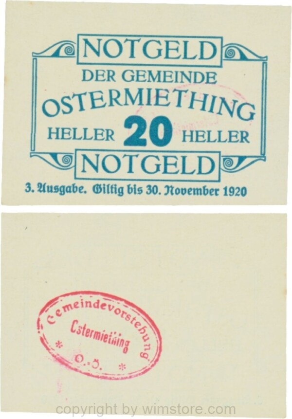 Ostermiething, G0713-3-IlIc, 20 Heller, 3. Ausgabe, Druck blau, Gemeindestempel rot; 1-