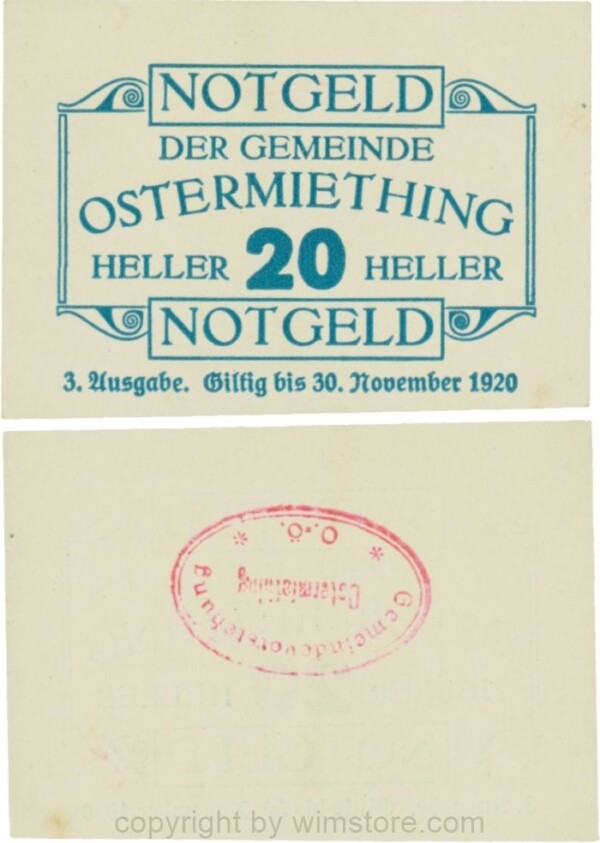 Ostermiething, G0713-3-IlIc, 20 Heller, 3. Ausgabe, Druck blau, Gemeindestempel rot; 1-