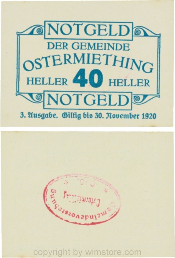 Ostermiething, G0713-3-IlIc, 40 Heller, 3. Ausgabe, Druck blau, Gemeindestempel rot; 1-