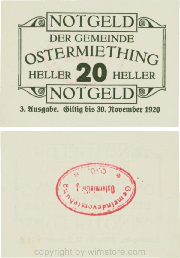 Ostermiething, G0713-3-IlIo, 20 Heller, 3. Ausgabe, Druck schwarz, Gemeindestempel rot; 1-
