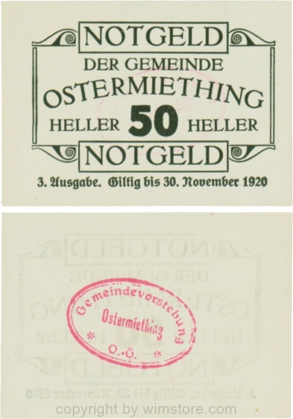 Ostermiething, G0713-3-IlIo, 50 Heller, 3. Ausgabe, Druck schwarz, Gemeindestempel rot; 1-