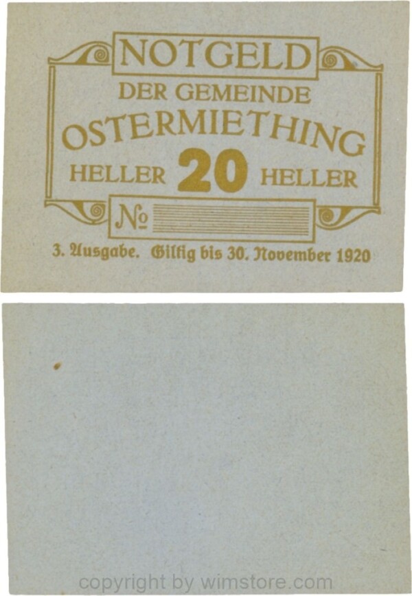 Ostermiething, S0713-6-VIa, 20 Heller, 3. Ausgabe, Druck gold, Papier blau, ohne Nr.; 1-