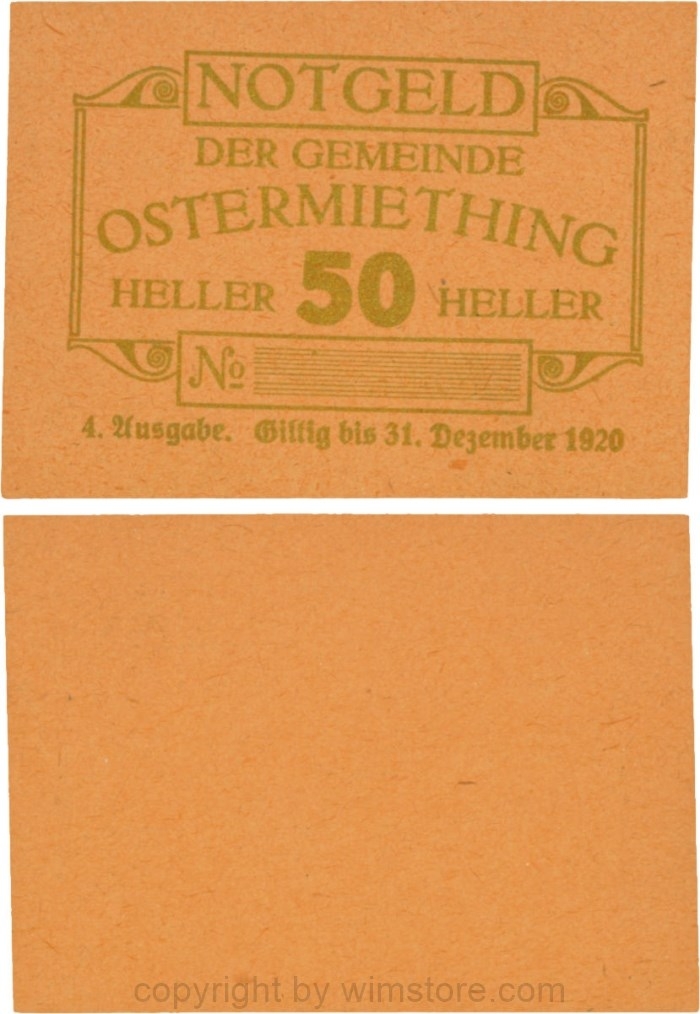 Ostermiething, S0713-7-VIIc, 50 Heller, 4. Ausgabe, Druck gold, Papier orange, ohne Nr.; 1-