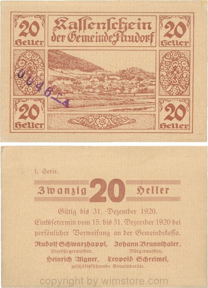 Paudorf, G0724gA, Gemeinde, 20 Heller, 1. Serie, Buchstabe A und Nummern; 1-