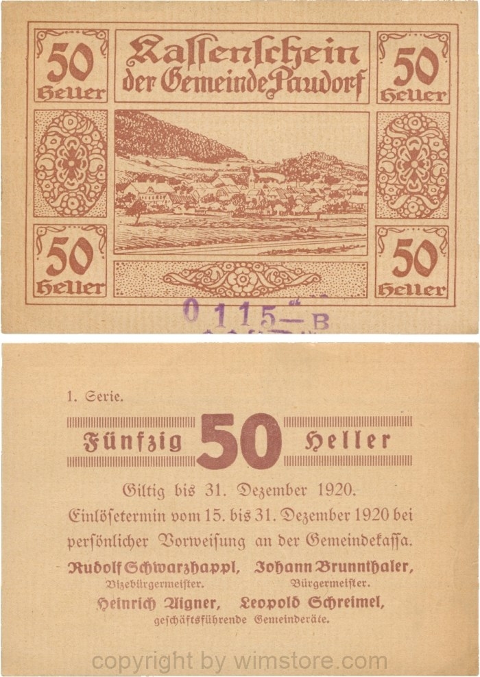 Paudorf, G0724gB, Gemeinde, 50 Heller, 1. Serie, Buchstabe B und Nummern; 1-