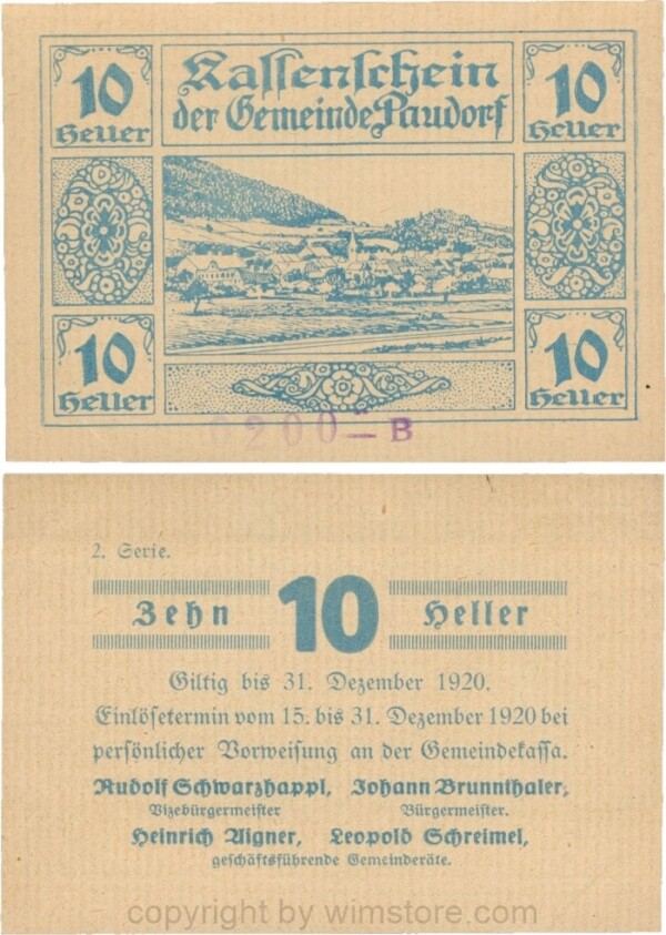Paudorf, G0724hB, Gemeinde, 10 Heller, 2. Serie, Buchstabe B und Nummern; 1-