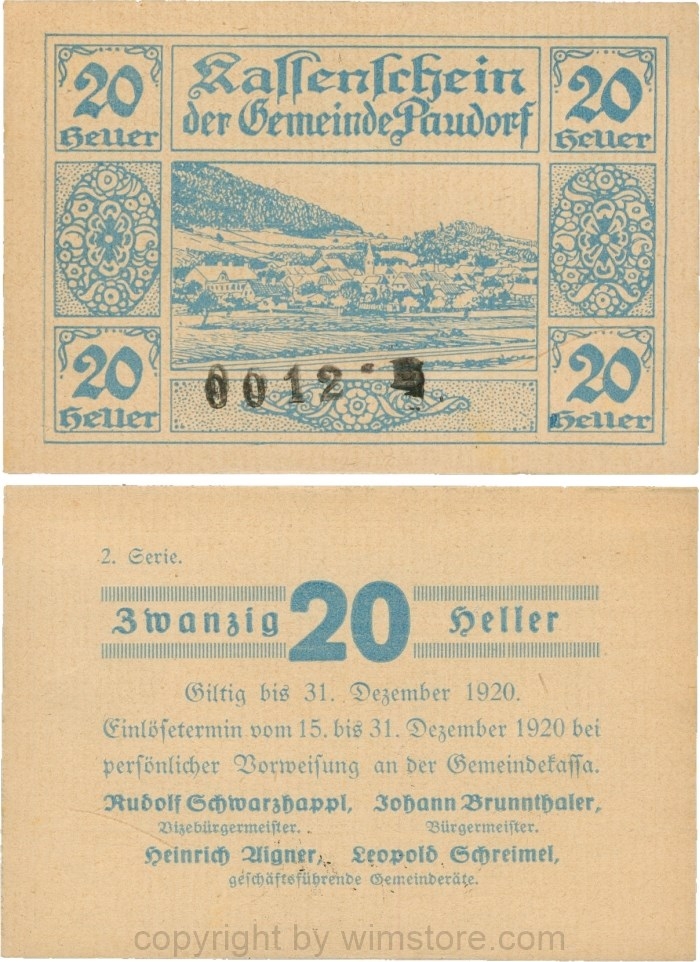 Paudorf, G0724hB, Gemeinde, 20 Heller, 2. Serie, Buchstabe B und Nummern; 1-