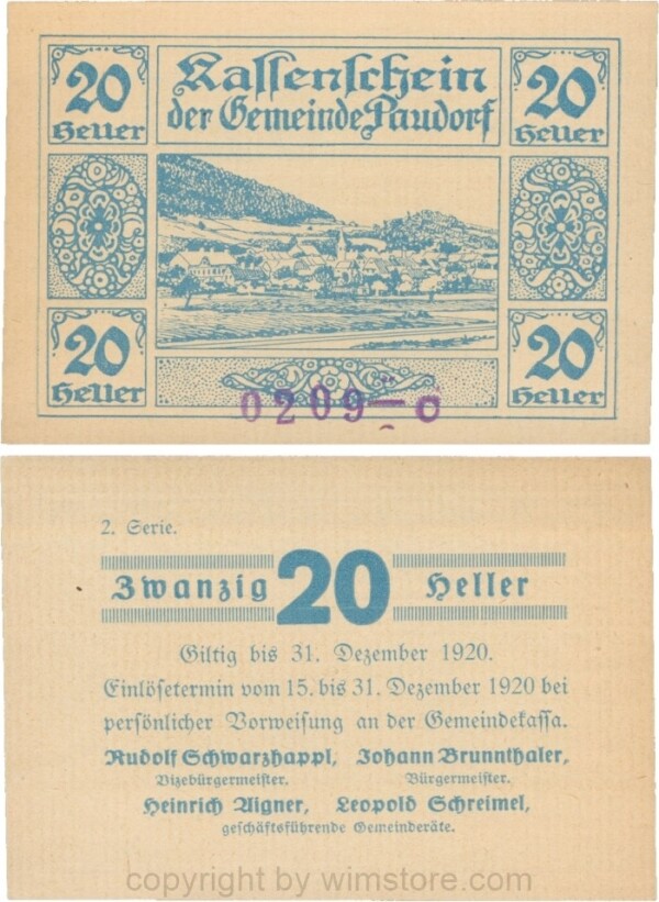 Paudorf, G0724hC, Gemeinde, 20 Heller, 2. Serie, Buchstabe C und Nummern; 1