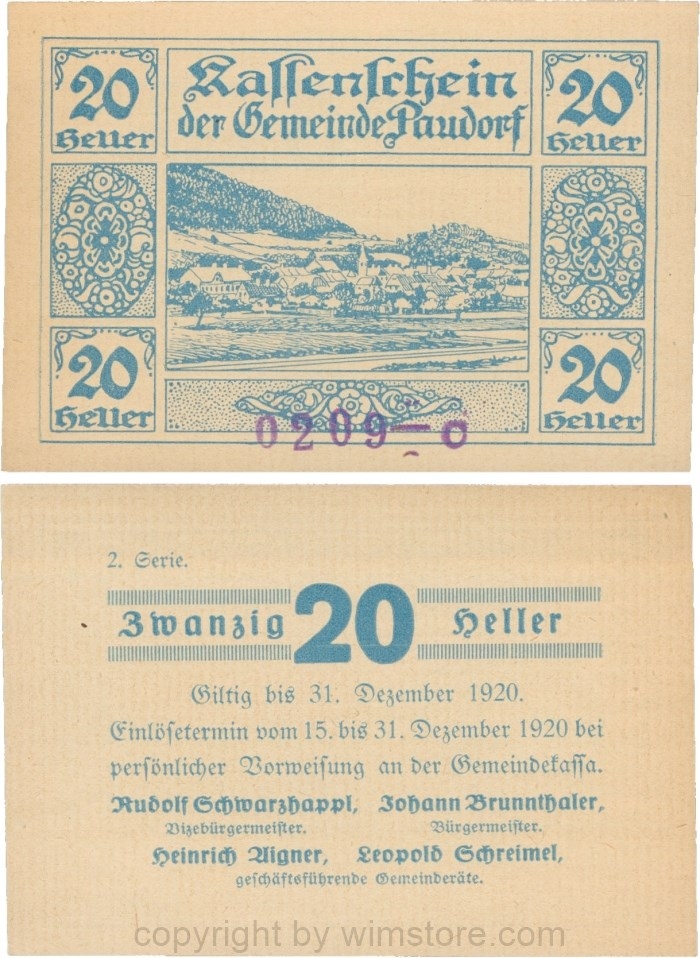 Paudorf, G0724hC, Gemeinde, 20 Heller, 2. Serie, Buchstabe C und Nummern; 1